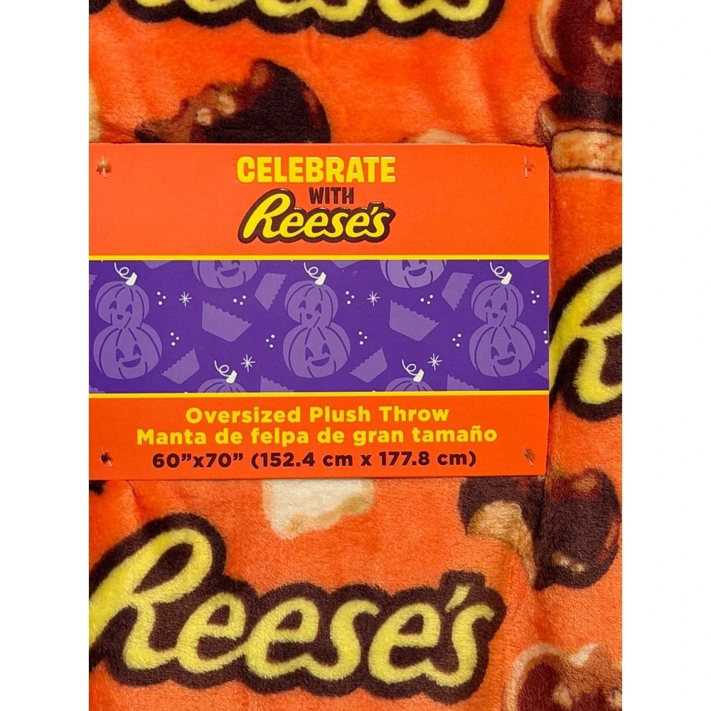 Reese's Halloween Oversized Plush Throw Blanket Orange Ghost Pumpkin 60x70 NEW